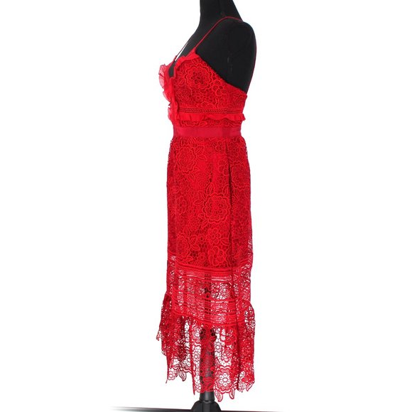 Self-Portrait Raspberry Red Floral Lace Midi Dress Ruffle Sleeveless 4 Small - Picture 5 of 9